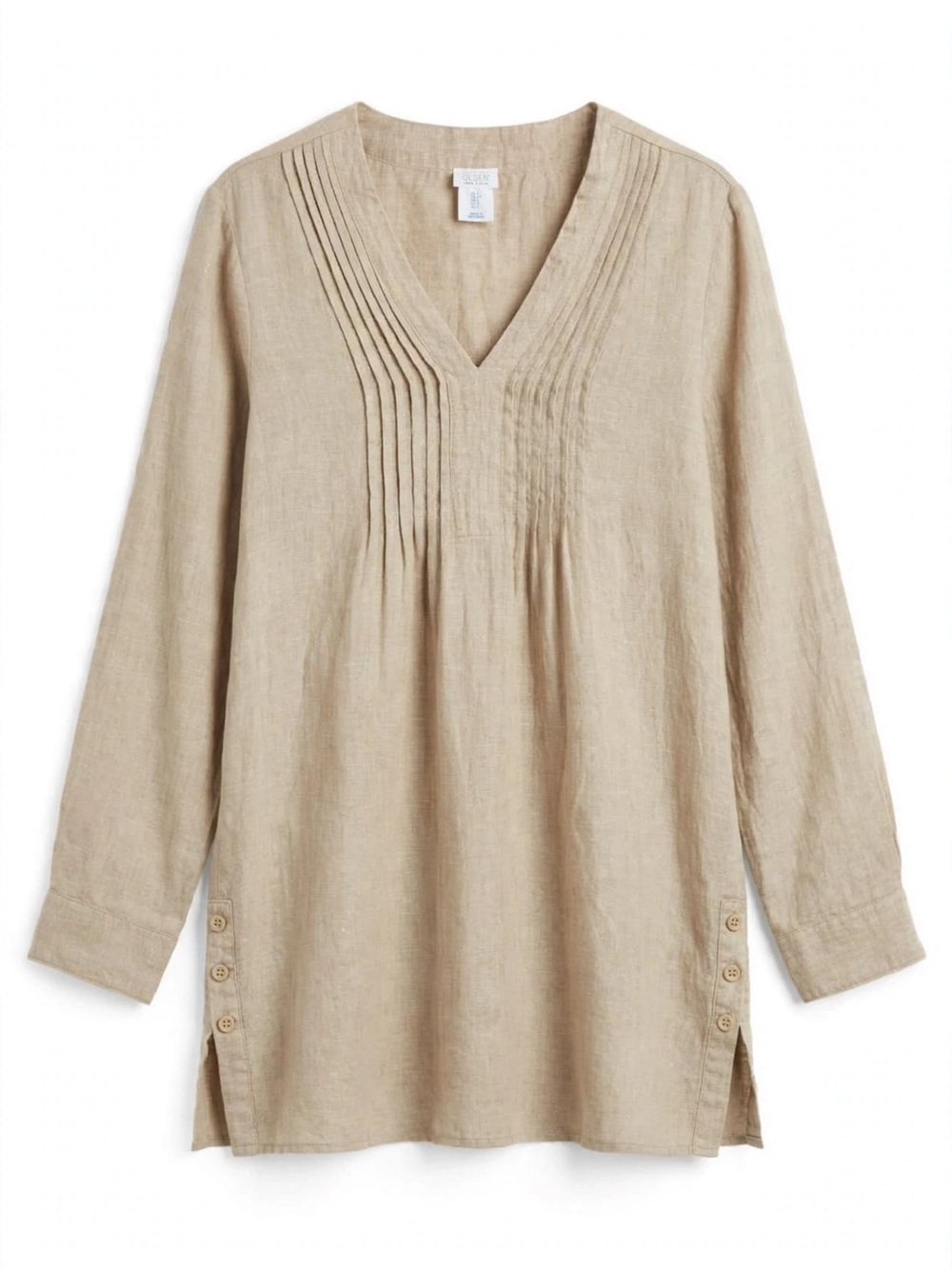 Relaxed Pintuck V-Neck Linen Tunic - Beige 100% linen, cute side buttons size S